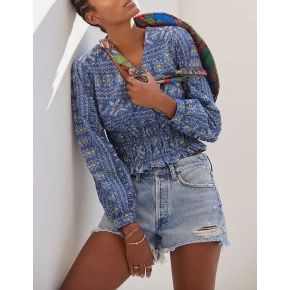 ~Anthropologie Forever That Girl S Embroidered Smocked Blouse Blue Faux Wrap Top